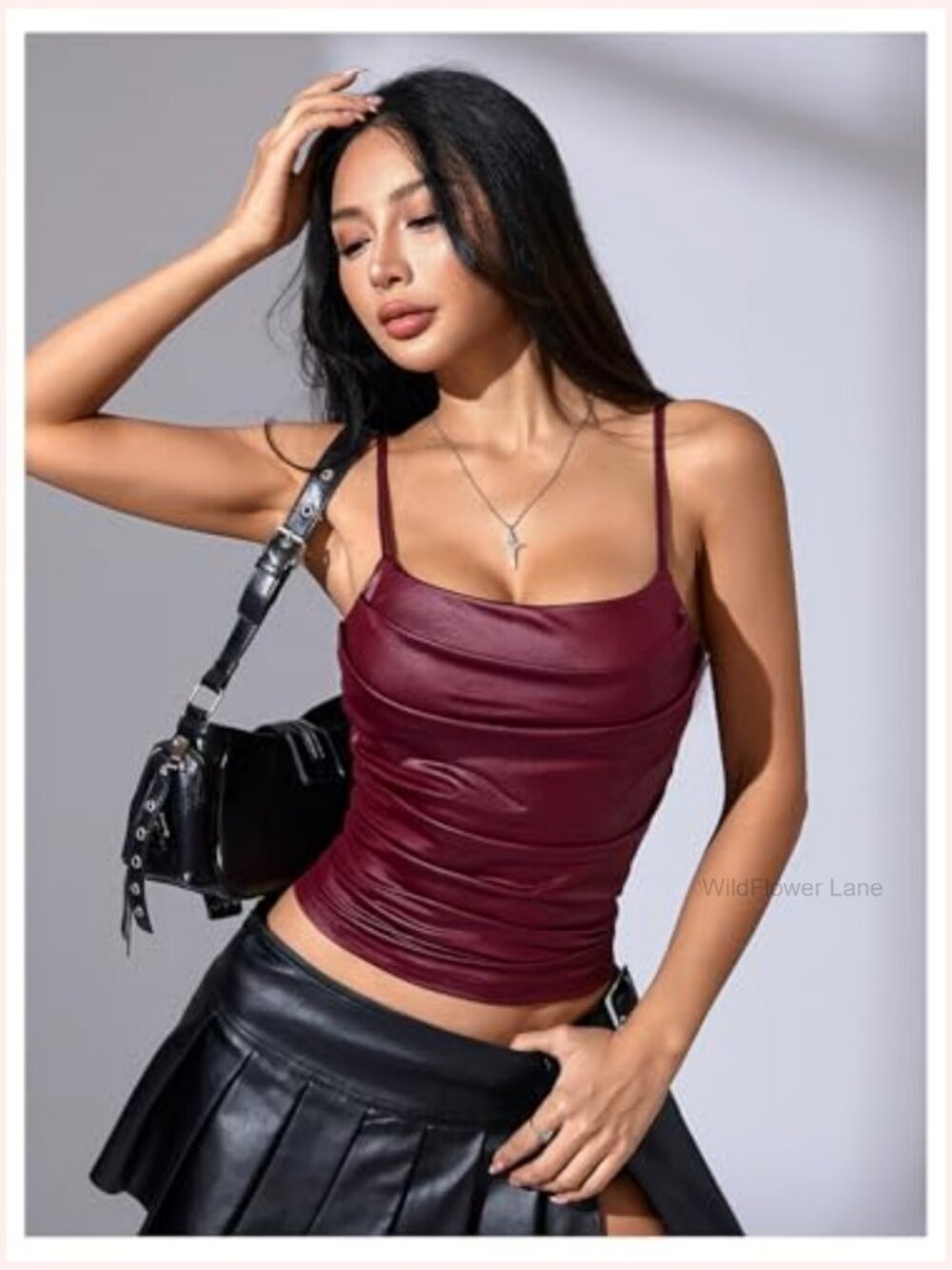 PU Leather Draped Camisole Spaghetti Strap Sleeveless Cami Top - Picture 4 of 5